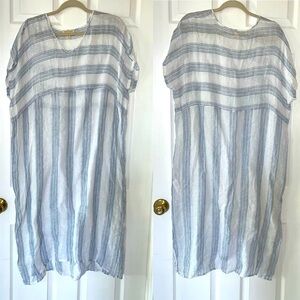 Eileen Fisher Organic Linen Caftan Dress Thin‎ Gauze Unlined Size XXS Blue White
